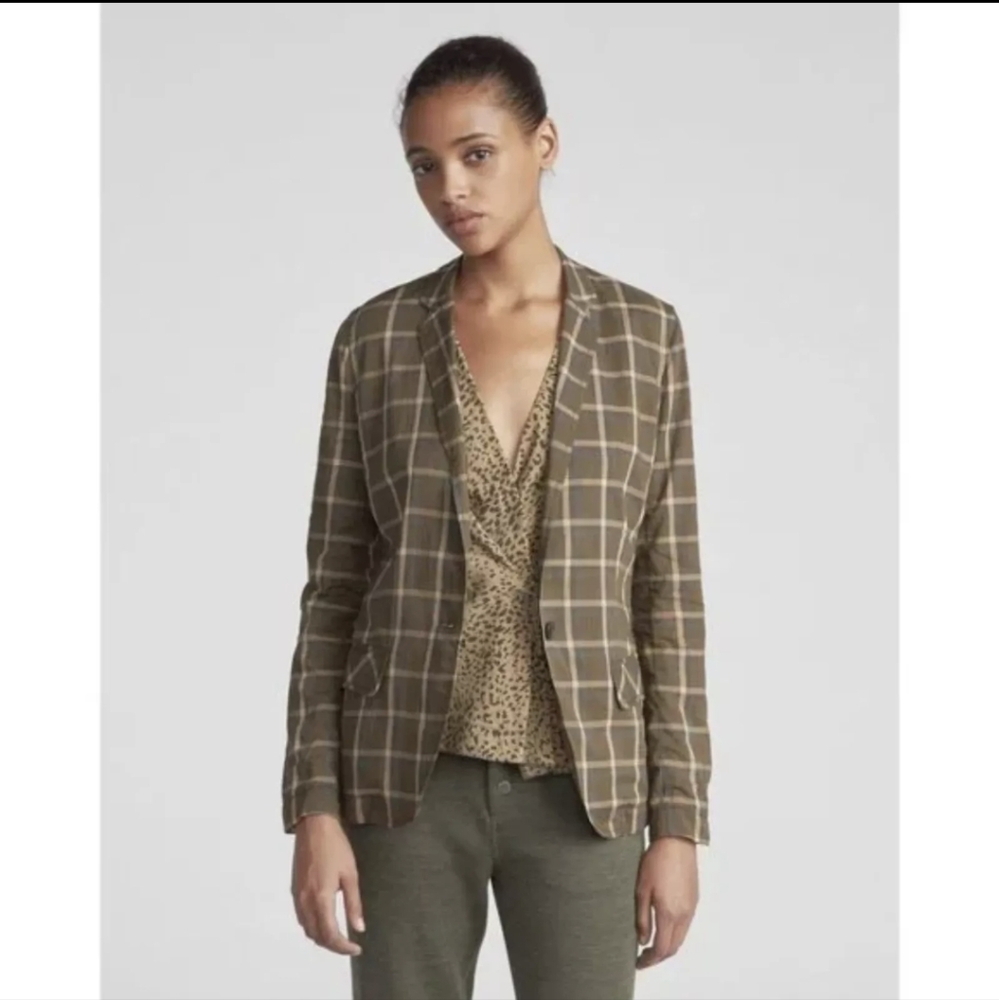 rag & bone | Sybil Sheer Cotton Blazer Plaid Olive Green Size 2/Small
